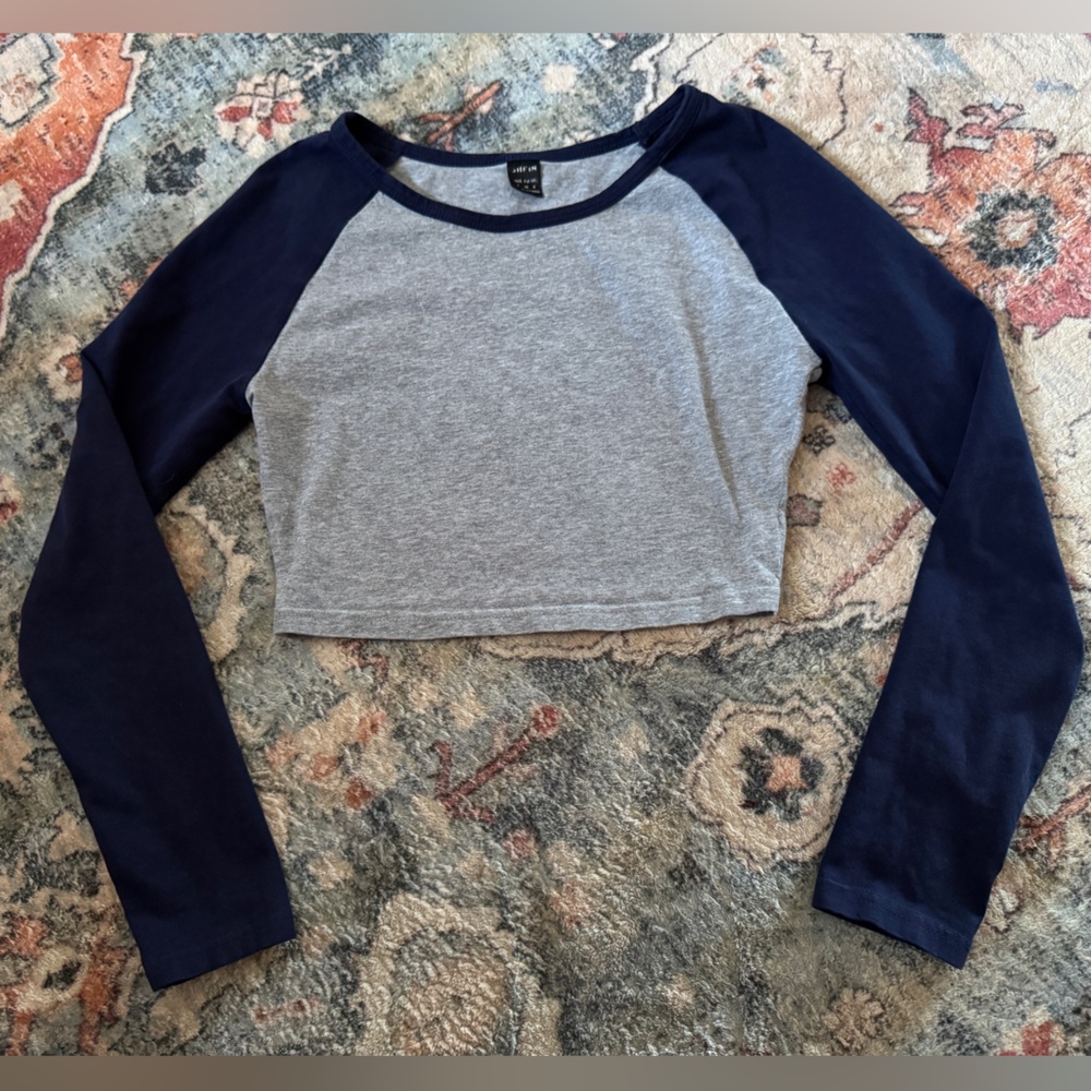 Cropped Blue and Grey Raglan Long Sleeve